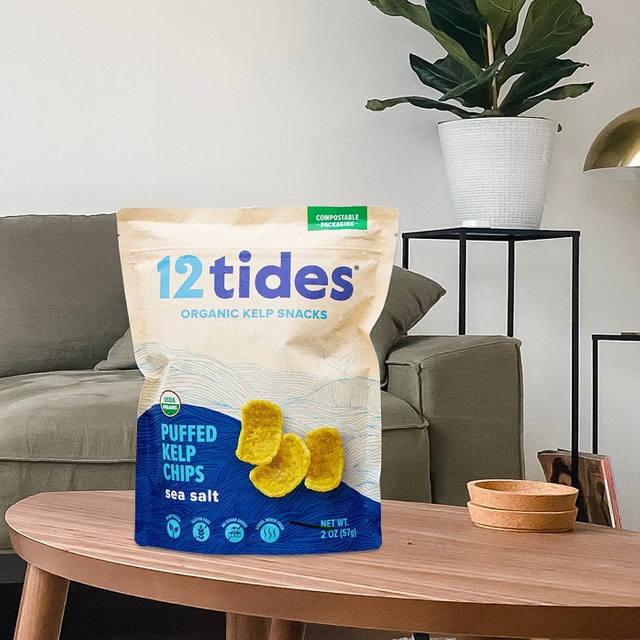 Bolsas individuell bedruckte, kompostierbare, wiederverschließbare Standbeutel aus Papier für Bio-Seetang-Snacks