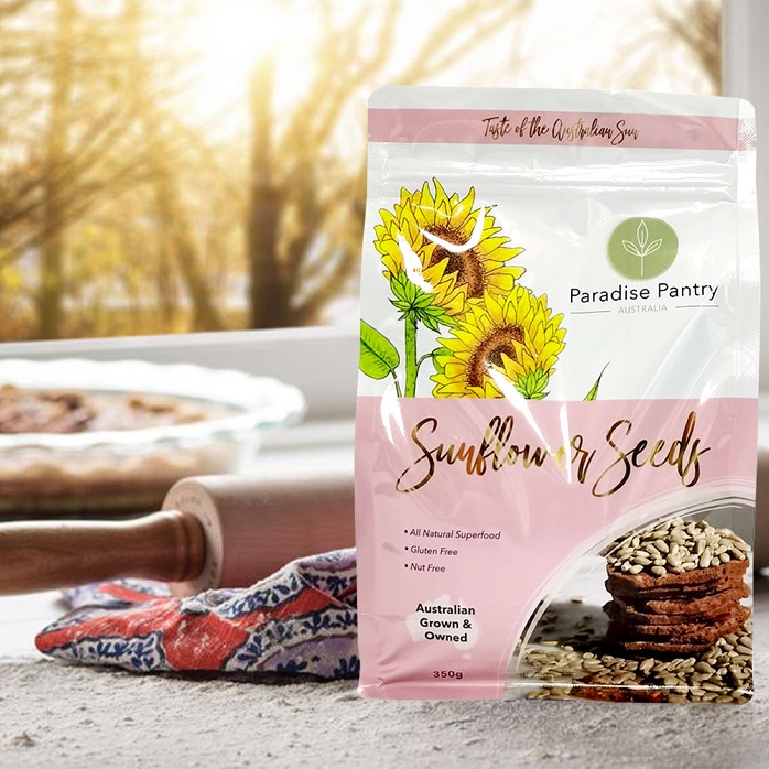 Personalisierte glutenfreie Sonnenblumenkernbeutel aus recycelbarer Folie mit flachem Boden in Lebensmittelqualität