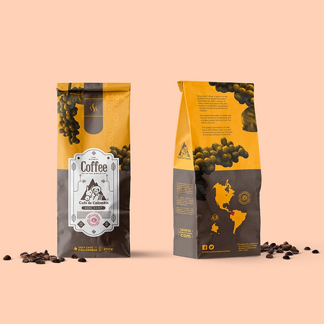 Benutzerdefinierte Logo Druckdesign Seite Zwickel unten helle Kaffee gelbe Verpackung