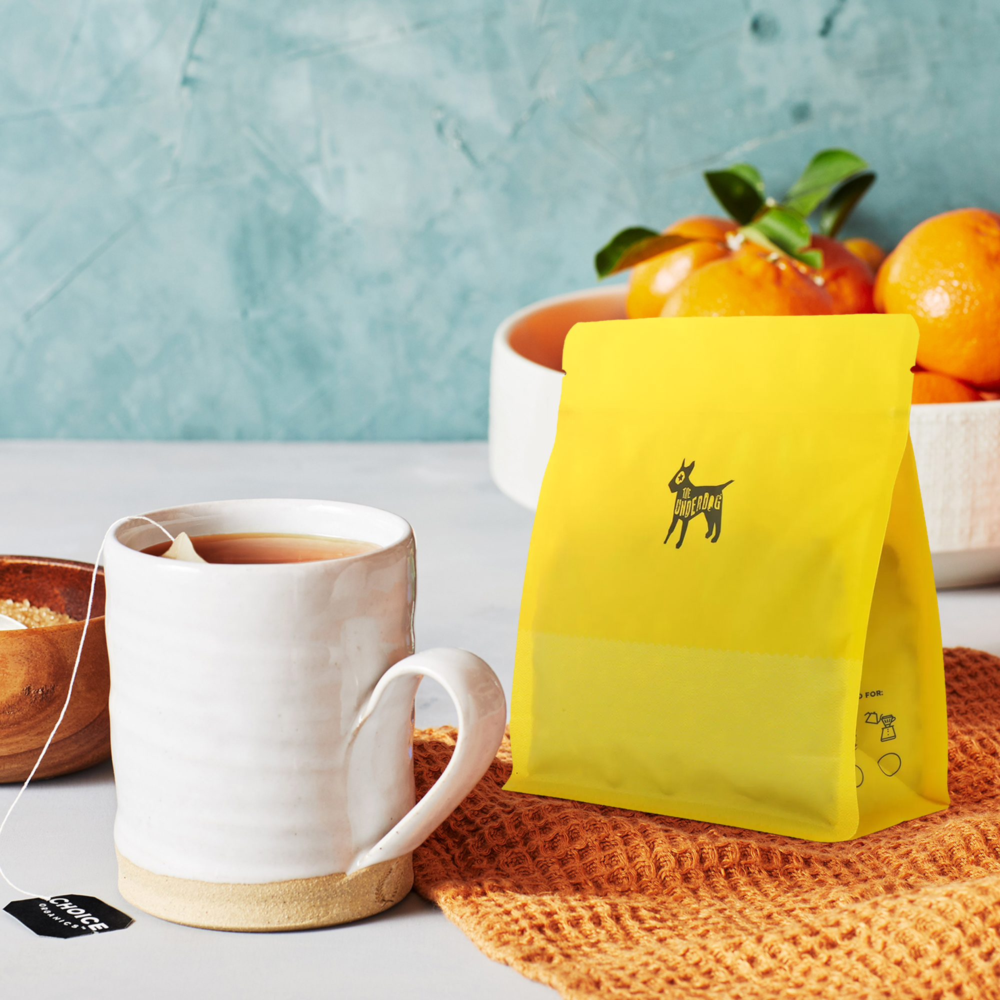 Gelber Farbdruck, recycelbarer Flachboden-Kaffeebeutel mit wiederverschließbarem Reißverschluss