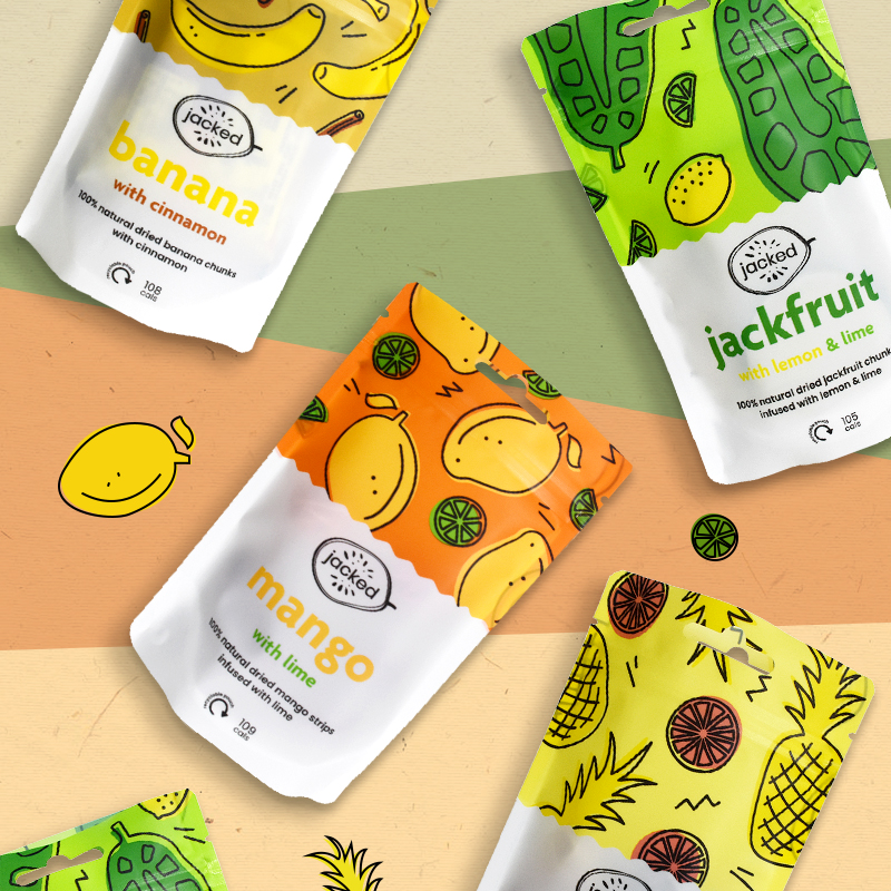 Jackfrucht in digital bedruckten recycelbaren Beuteln