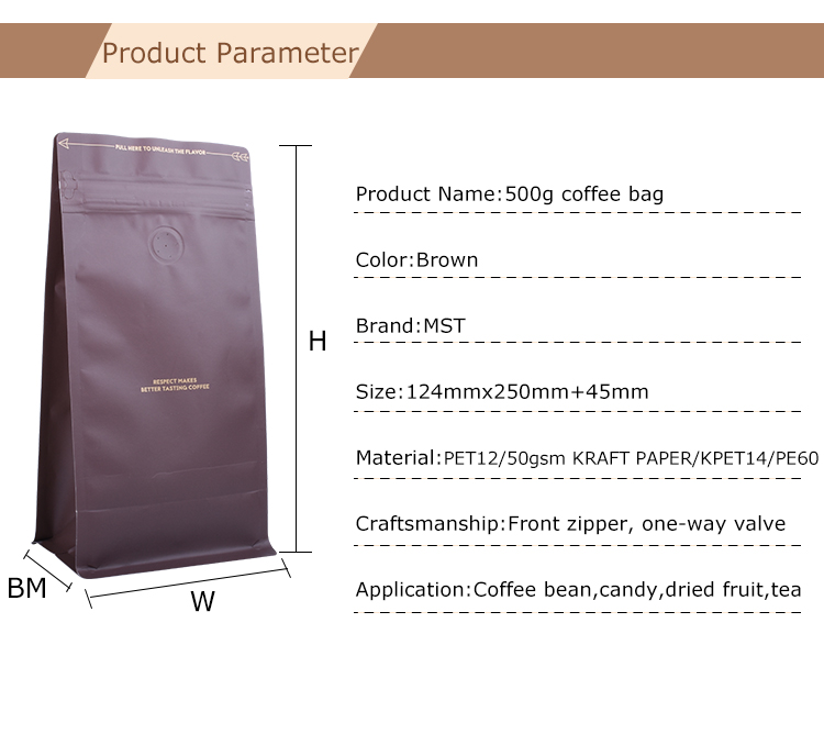 100 ST&Uuml;CKE 500 g Kaffeebeutel aus brauner Aluminiumfolie mit Blcok-Boden und Taschenrei&szlig;verschluss