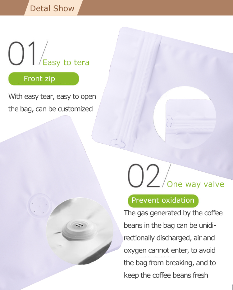 100 ST&Uuml;CKE 1 kg Wei&szlig;e Kaffeebeutel mit flachem Boden und Frontrei&szlig;verschluss