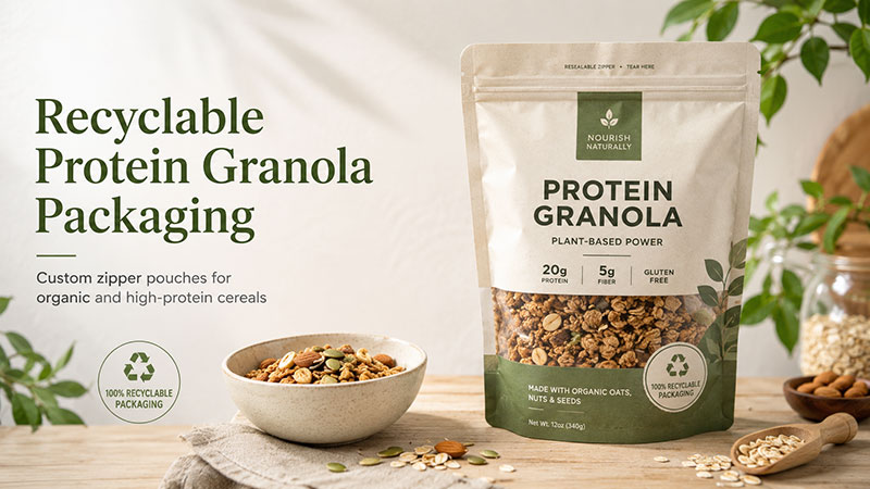 Recycelbarer Protein-M&uuml;slibeutel mit wiederverschlie&szlig;barem Rei&szlig;verschluss