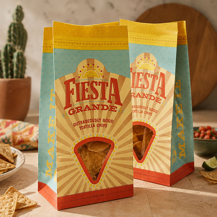 Maßgeschneiderte braune Papiertüte mit SOS-Boden und Tortillachips mit Fenster