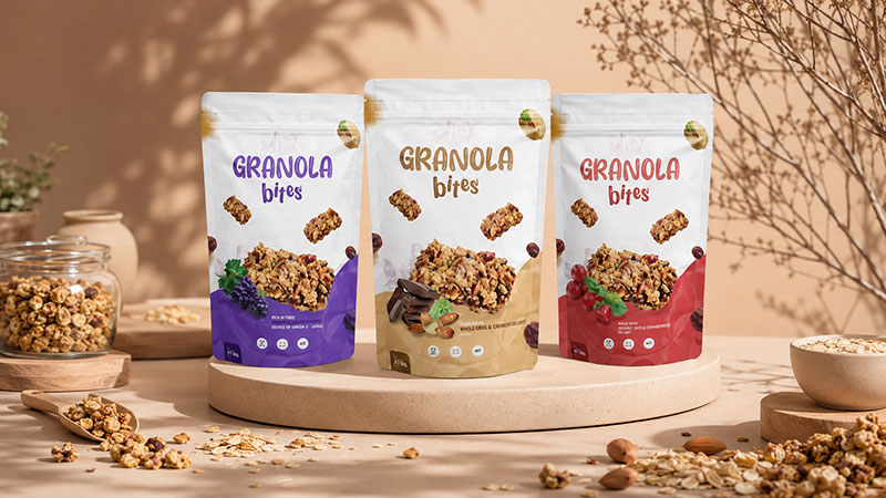Personalisierte Protein-M&uuml;slibeutel-Verpackung mit individuell bedrucktem Branding