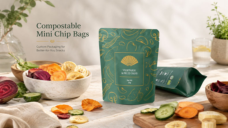 Ma&szlig;geschneiderte kompostierbare Mini-Chipsbeutel f&uuml;r Bio-Snack-Marken